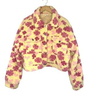 Baevely Floral Print Sherpa Jacket Cropped Snap Front Yellow Pink‎ Large Fun Art